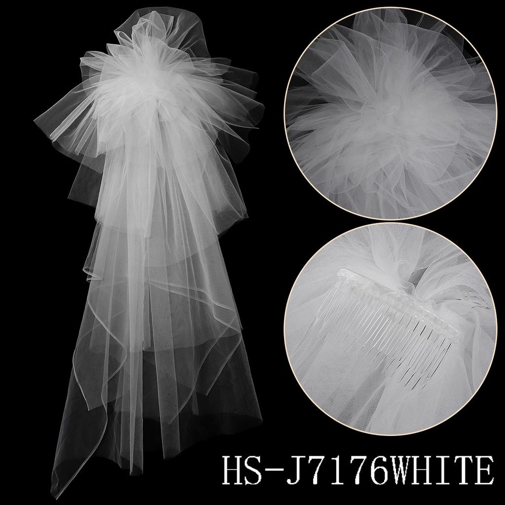 Double Layer Mesh Tulle Solid Color Women Short Wedding Veil with Clip Ribbon Edge Center Cascade Bride Headpiece Party