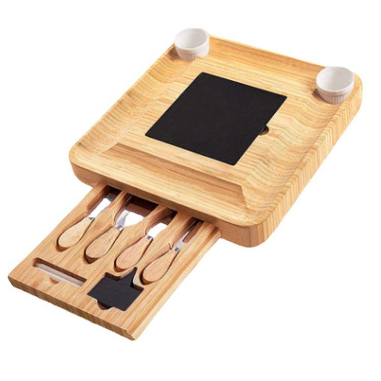 Bamboo Cheese Board with Knife Set and Drawer Tray