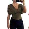 Women's V Neck Short Sleeve Flutter Sleeve Ruched Slim Fit Solid Color Sweet Casual Blouse Top