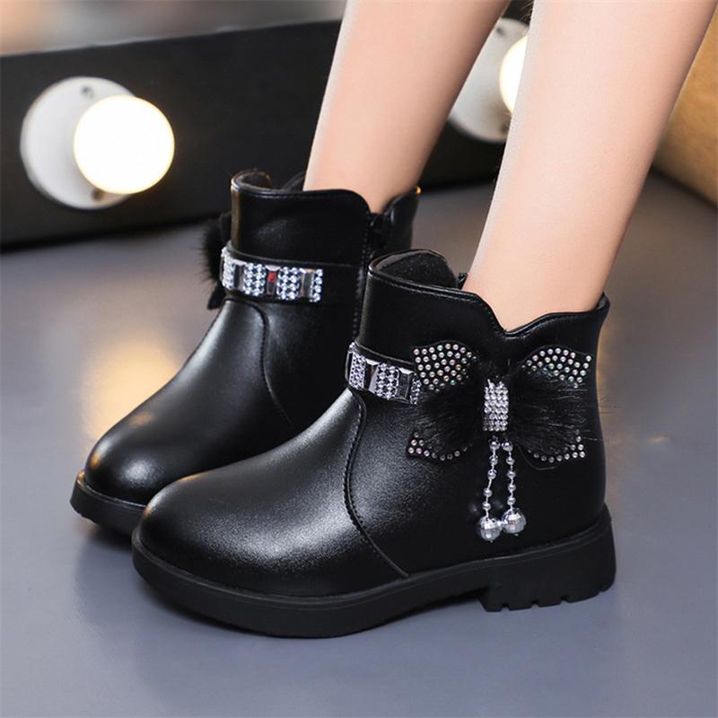 Winter New Children's Shoes Girl Mid Length Warm Leather Boots Baby Bow Cute Plush Student Cotton Boots