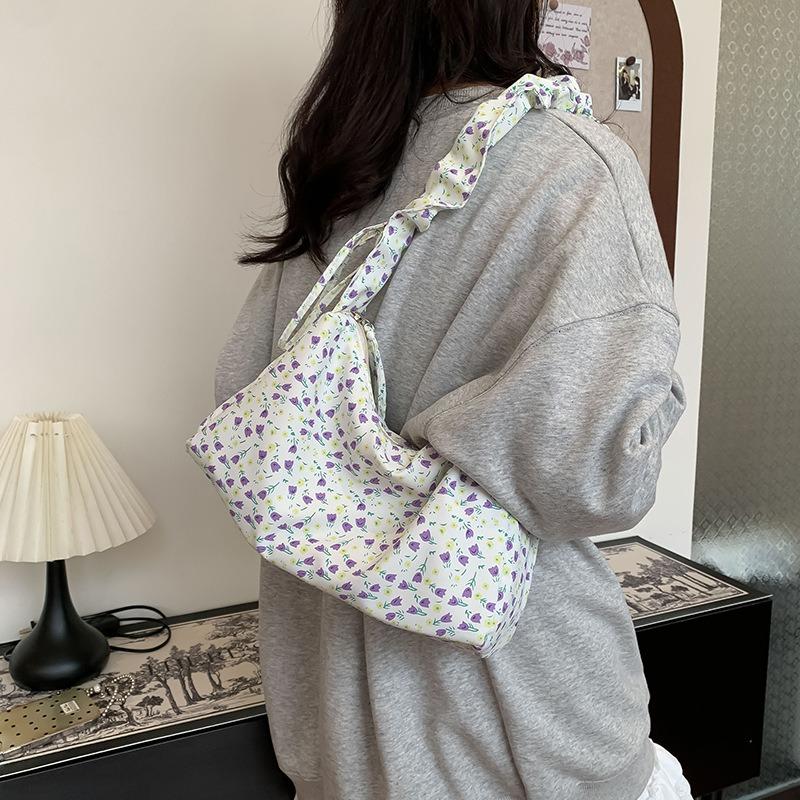 New niche broken flower canvas bag women's drawstring shoulder bag sweet versatile messenger bag underarm women's bag