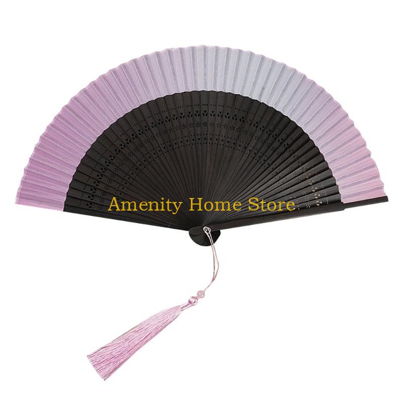 F26C Handmade Silk Bamboo Fan with Hollowed out Fan Bone for Home Household Decoration Accessory Supplies