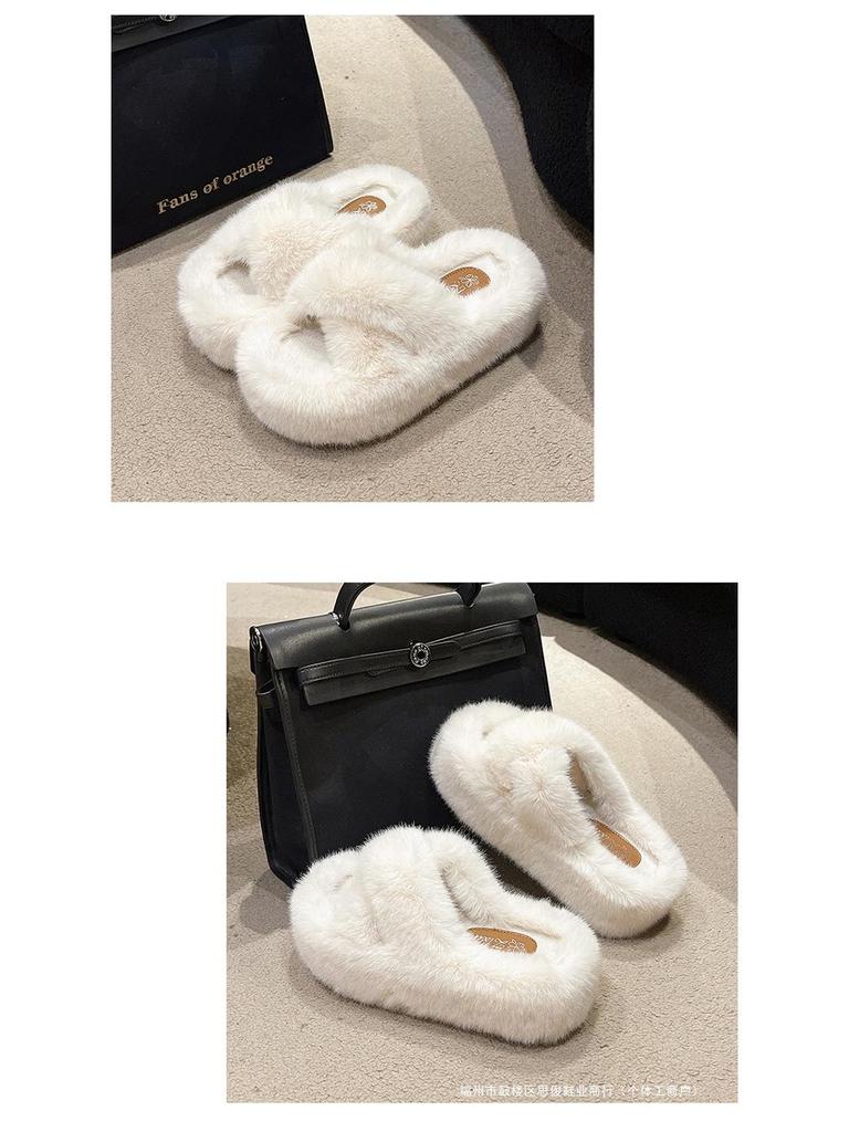 2025 Spring Women's Fuzzy Slippers: Thick Sole, 7cm Height Boost, Korean Style for Petite Women, Perfect for Autumn/Winter Wear.