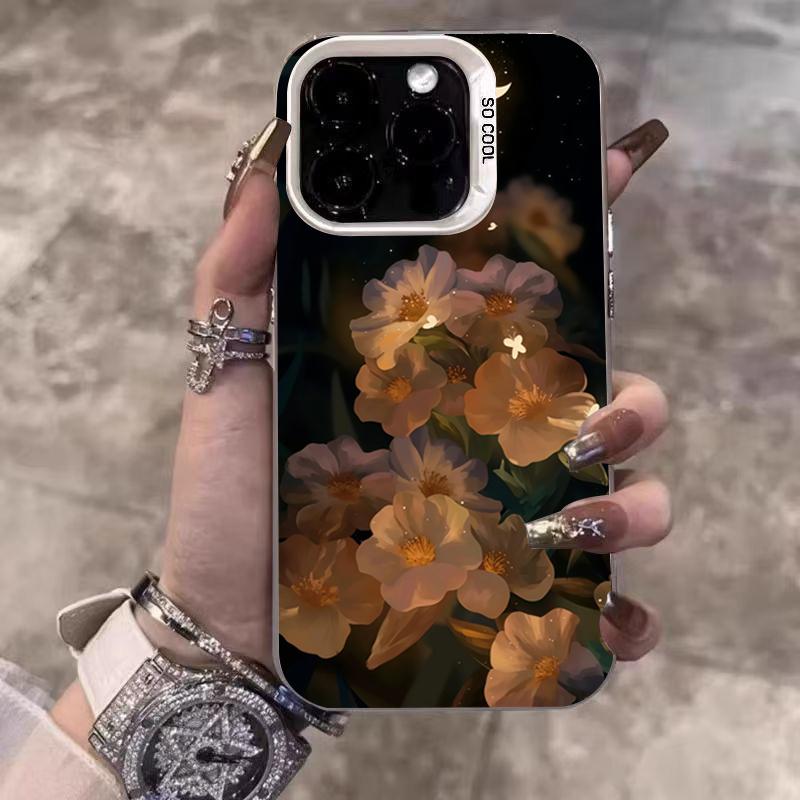 Dark Background Floral Pattern Electroplate IMD Phone Case For iPhone 16 15 14 13 12 11 Pro Max 16E 7 8 Plus X XS XR SE Cover