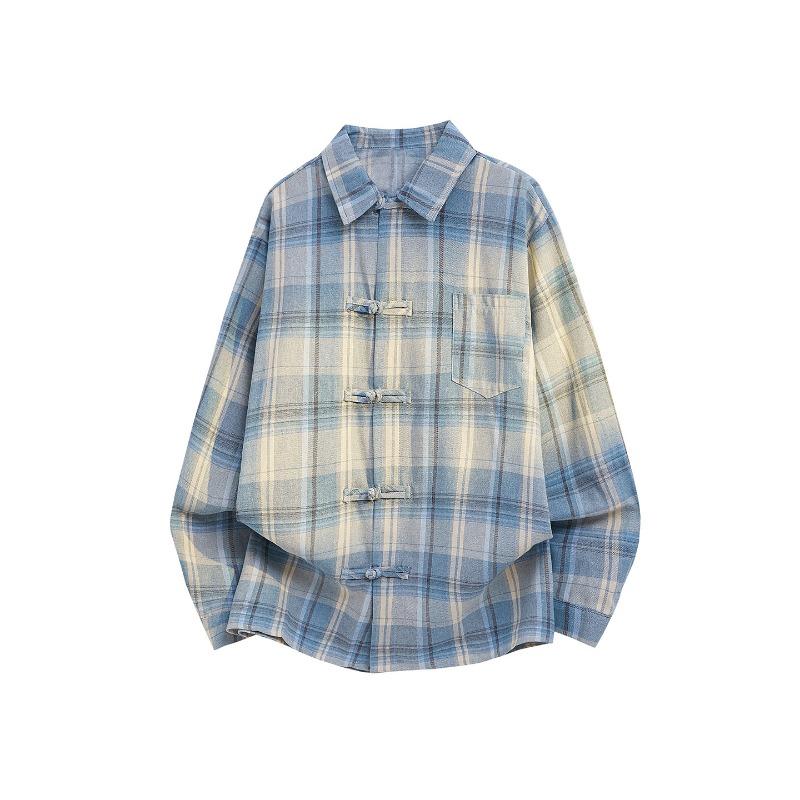 

Chinese Style Plaid Shirt with Frog Buttons Long Sleeve Loose Retro Gradient Blouse Casual Daily Top M синий