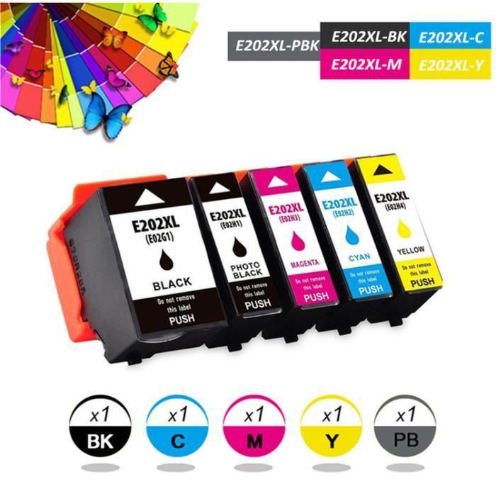 5 (1 Set) Cartouche Compatible avec Epson E202XL Pour Expression Premium XP-6105 - Noir-Petit noir-Cyan-Magenta-Jaune