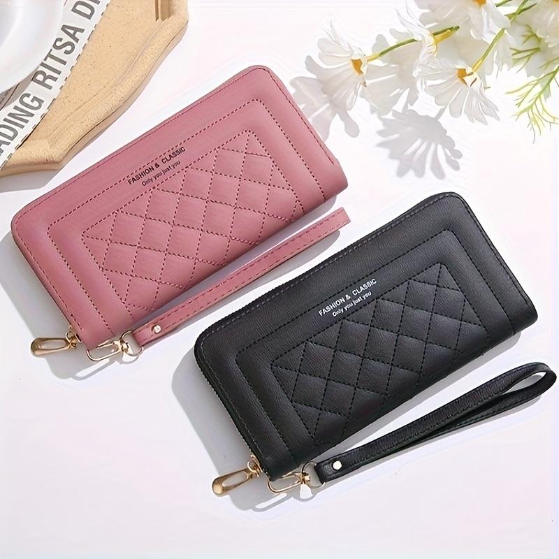 

Elegant Quilted PU Clutch Wallet for Women, Urban Style Solid Color, Multi-Functional Large Capacity with Zipper Closure, Artificial Leather глибокий рожевий колір