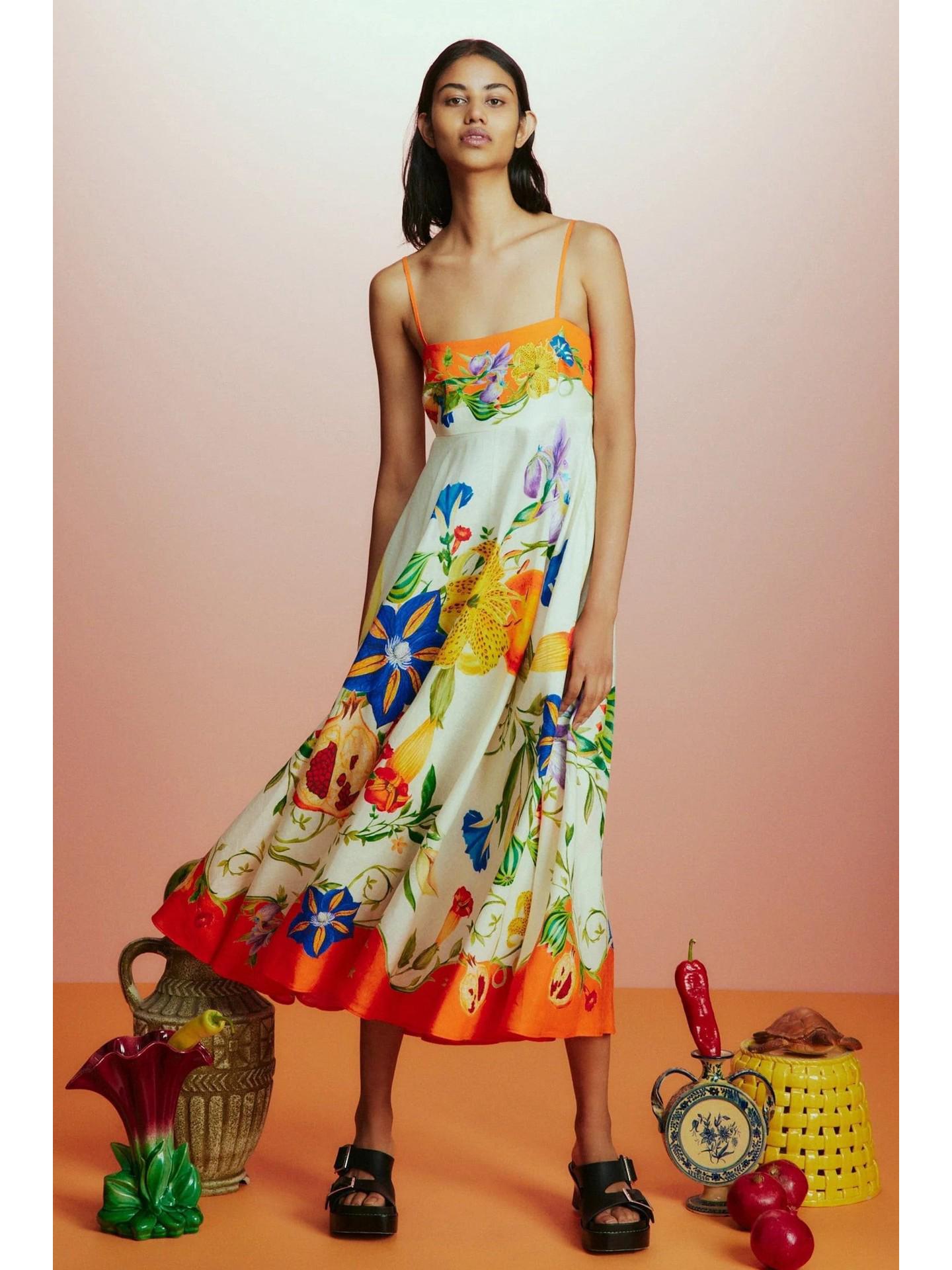 

European & American Casual Fashion Maxi Slip Dress - Beach Style Printed for Women (2026) M квітковий/помаранчевий