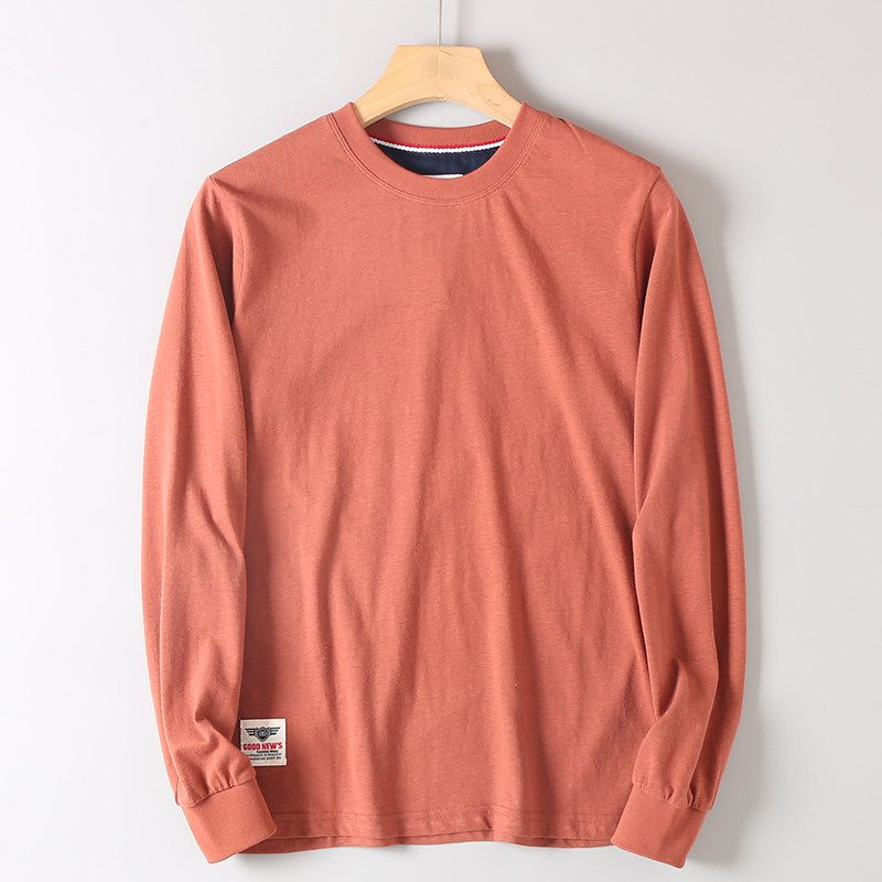Export Surplus Cotton Round-Neck Solid Color Long-Sleeve T-Shirt for Men, Washed and Brushed, Hk Cut Label, Comfortable Base Layer Shirt