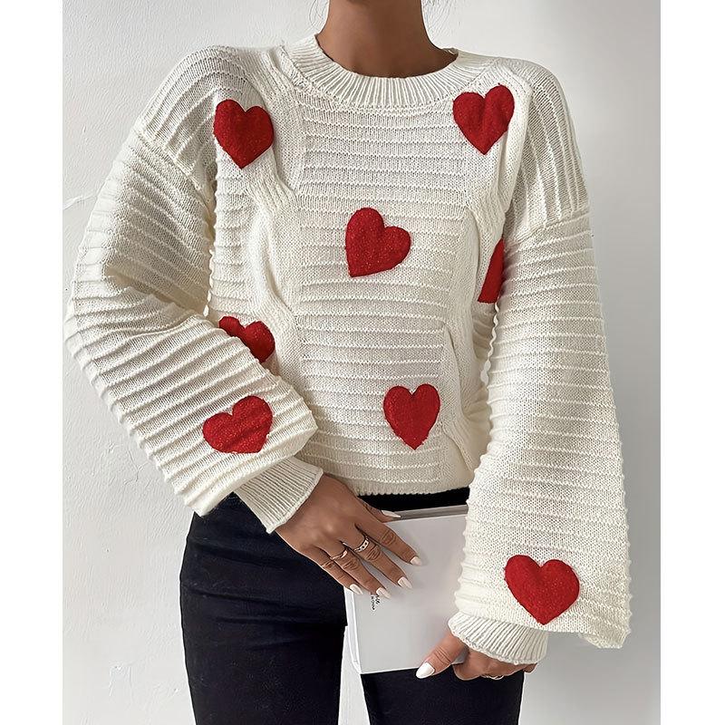 Europe, America autumn and winter new sweater women's clothing loose knitting love embroidery round neck pullover top women