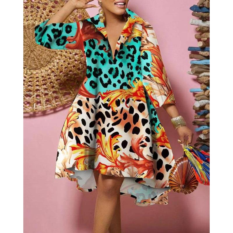 Women's Collar Three Quarter Sleeve Loose Abstract Print Mini Shirt Dress Casual Street A Line Dress