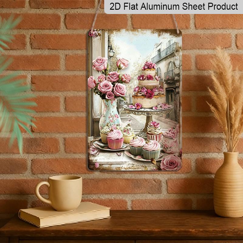 2D Flat, 1pc Vintage Metal Wall Art with Pink Roses, Cupcakes & Elegant Cake - 8x12 Inch Aluminum Kitchen Dining Room Decor Suitable for Cafe, Bar