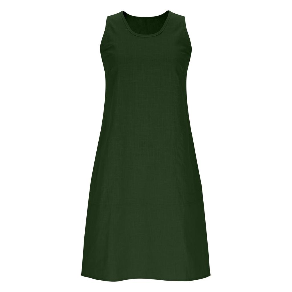 Womens Fashionable Loose-Fit Sleeveless Cotton-Linen -Color Dress With Pockets