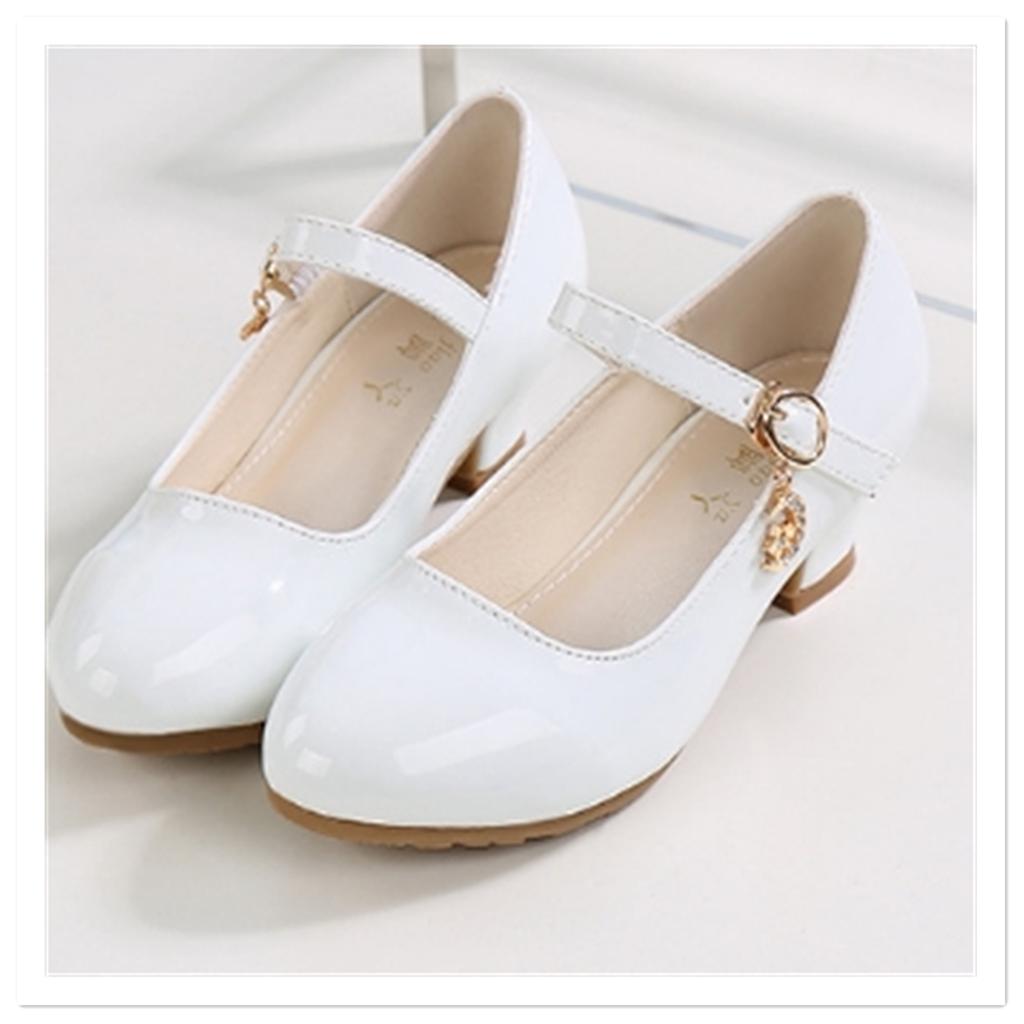 Spring and Autumn New Sparkling Pink Girls' High Heel Princess Shoes Korean Edition Student White Performance Leather Shoes
