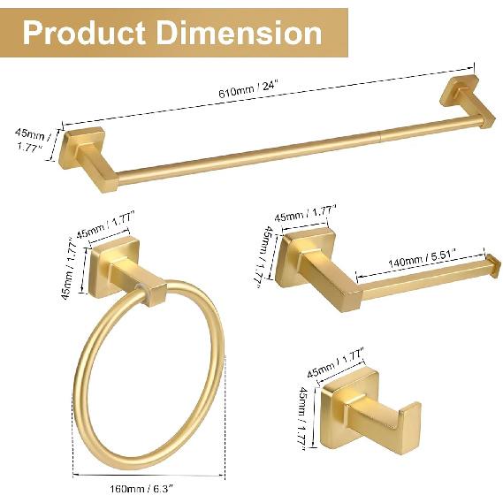 Gold Towel Bar Set 5 Pieces Bathroom Hardware Accessory Set Towel Holder Set for Bathroom SUS304 Stainless Steel Bathroom Accessories Set Wall