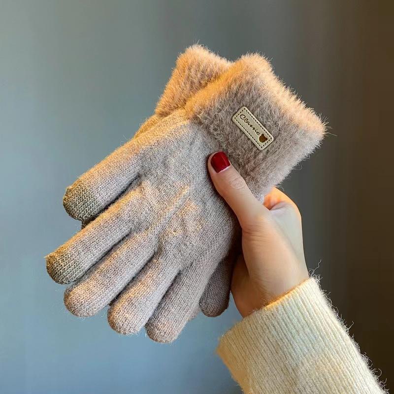 New  Autumn and Winter Gloves Ladies Cycling Rows Warm Finger Solid Color Touch Screen Fleece Thickened Knitted Cute Student