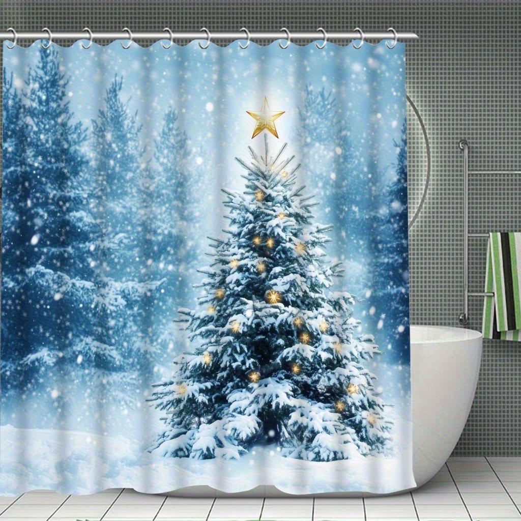 4-teiliges Badezimmer-Duschvorhang-Set Weihnachtsszene Wintermuster Badezimmervorhang mit 12 Haken Rutschfeste Teppiche Toilettendeckelmatte Badezimmerabtrennung
