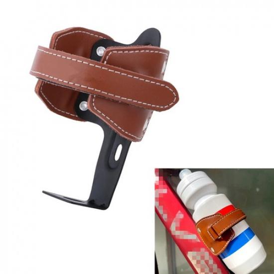 

New Retro Motorcycle Bike Bottle Cup Holder Cage Brown Leather Aluminum Screw On