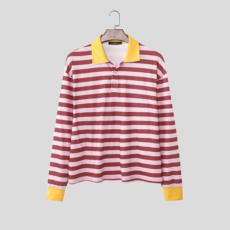 INCERUN Men Lapel Neck Long Sleeve Stitching Striped Casual Oversized T-shirts Tops 4XL розовый
