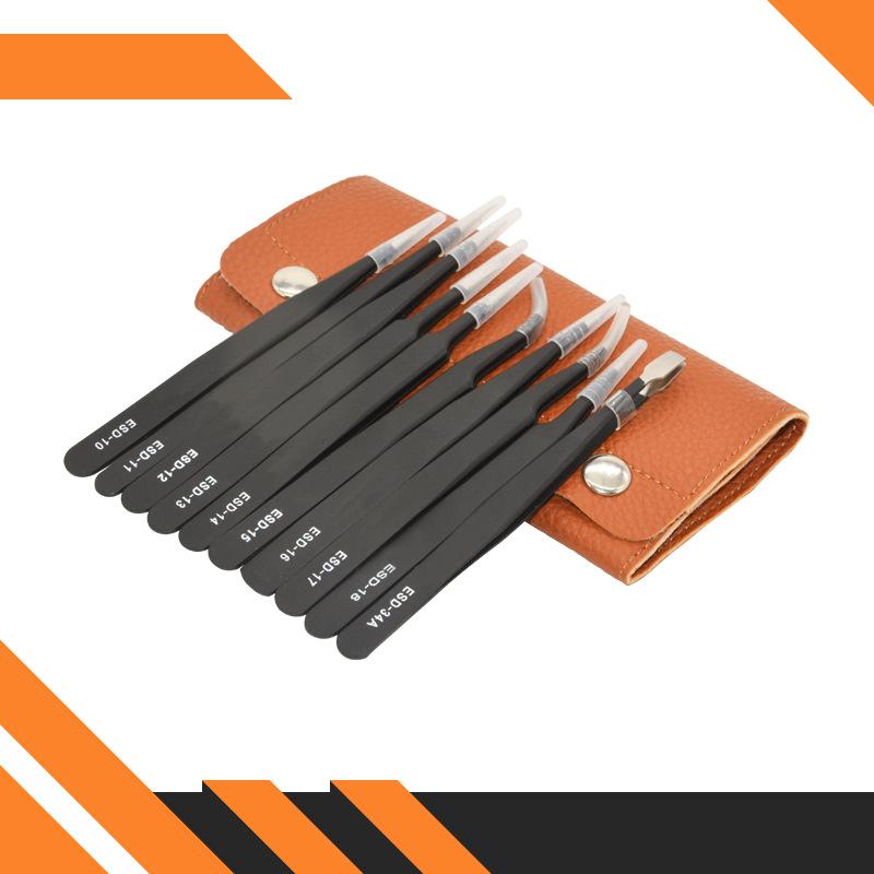 

Набор из 10 прецизионных антистатических пинцетов из нержавеющей стали в кожаном чехле, инструменты для обслуживания, профессиональный набор для красоты с прямыми и изогнутыми кончиками, ESD