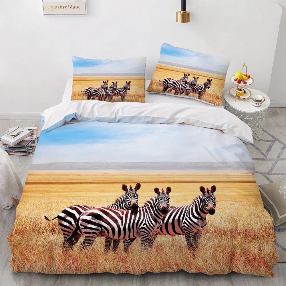 Zebra King Queen Duvet Cover Colorful Animal Bedding Set For Teens Adults Savanna Creatures Black 2/3Pcs Polyester Quilt Cover