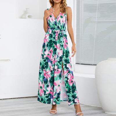 Yaz Seksi Baskılı Bohem Elbise Plaj Kadınlar Zarif Kolsuz Tatil Uzun Elbise Yüksek Bölünmüş Rahat vestidos de Verano 25208
