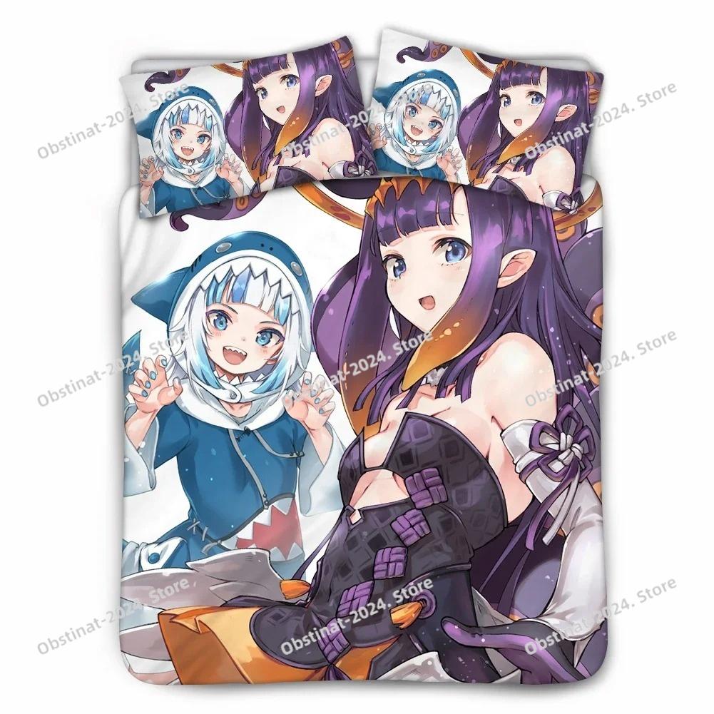 Anime Hololive EN Gawr Gura Bedding Set Printed Bed Set Duvet Cover Sheet Pillowcase Bed Soft Quilt Cover Full Queen King Size