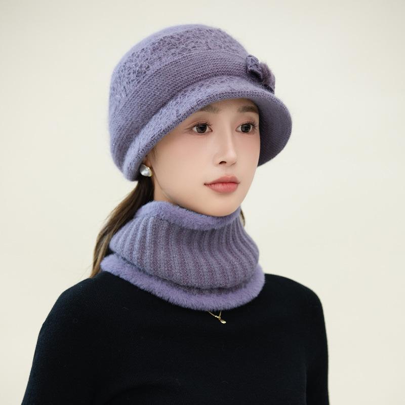 New Autumn and Winter Two Color Plush Bow Warm Basin Hat Versatile Bright Silk Rabbit Hair Basin Hat Can Scarf Cold Proof Set