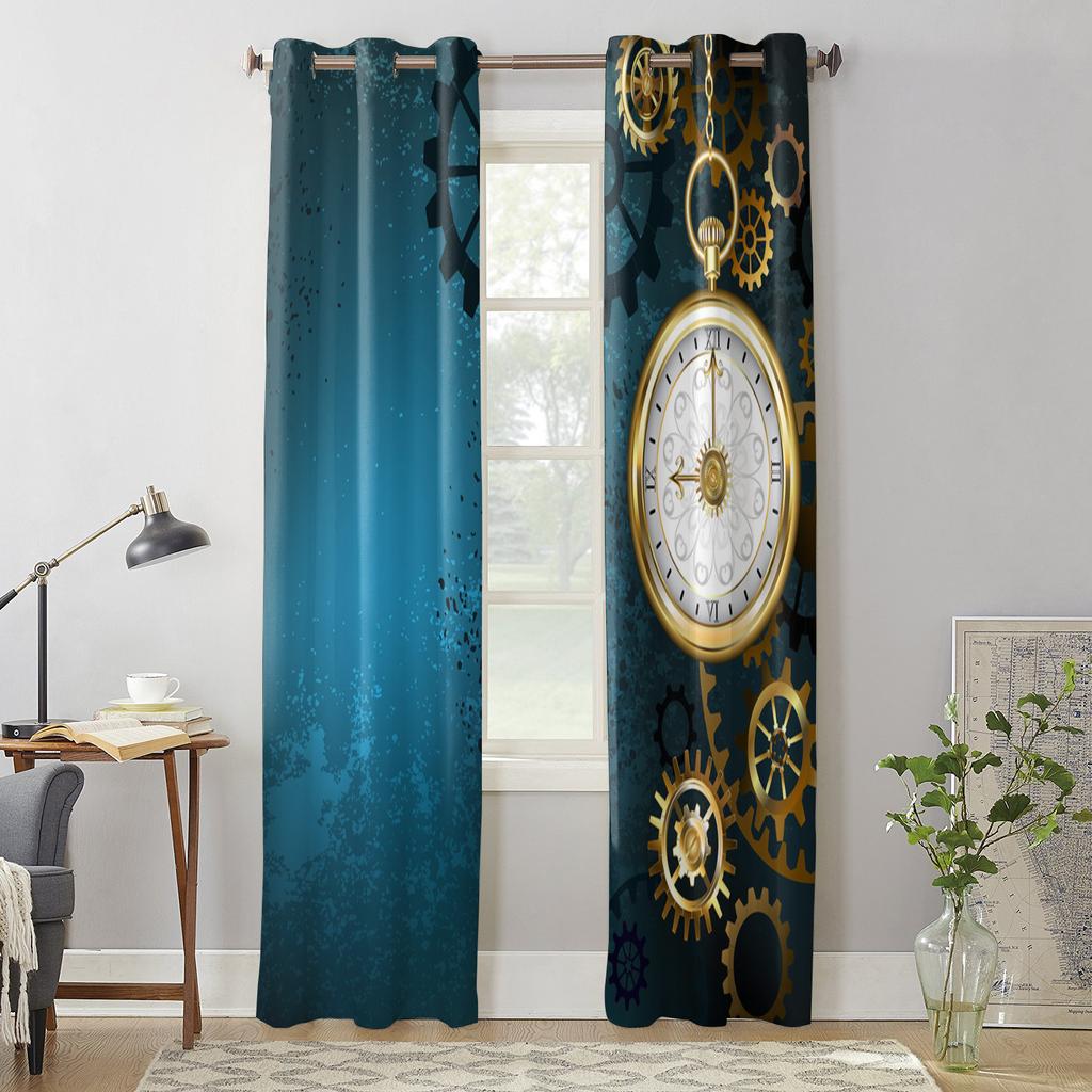 Závěs na okno s modrým pozadím a hodinami Moderní evropský styl Závěsy do ložnice Obývacího pokoje Zadní závěs