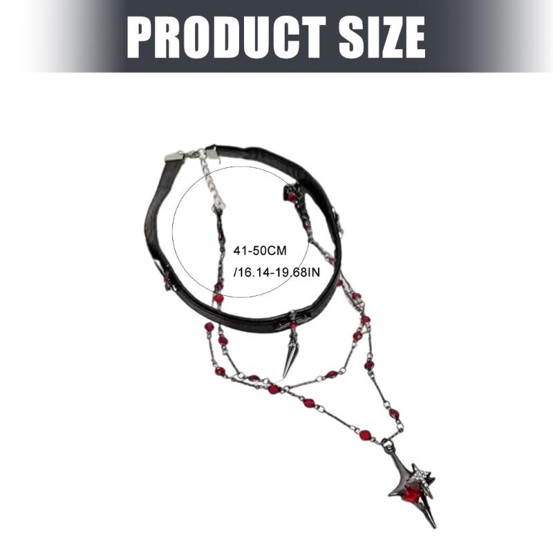 Double Layer Dark Aesthetic Crosses Necklace And Edgy Black Leather Chokers Jewelry Set