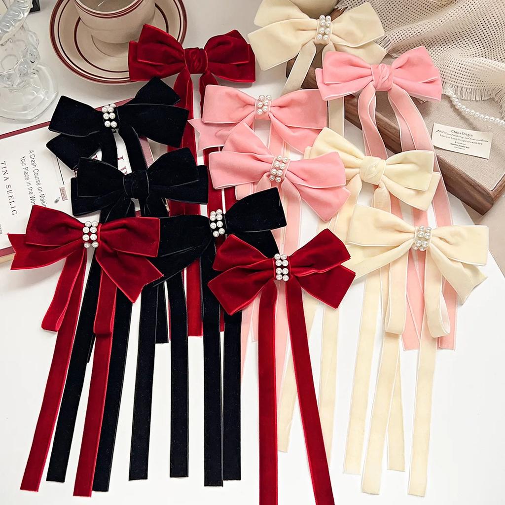 Velvet Ribbon with Pearl Korean Hair Clips for Women Elegant Long Tassel Large Bows Girls Hairpin Accessories Autumn Winter New