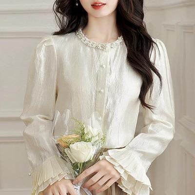 Fashion New Autumn Long Sleeve Beading O-Neck Casual Chiffon Blouse Shirt Women Tops J411