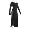 OMG Europäischer Stil Schwarzes Schnür-Bandagekleid mit Cut-out Seiten Schlitz und Neckholder.
