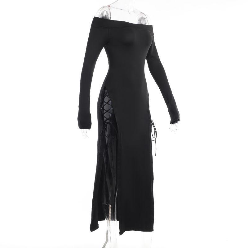 OMG Europäischer Stil Schwarzes Schnür-Bandagekleid mit Cut-out Seiten Schlitz und Neckholder.