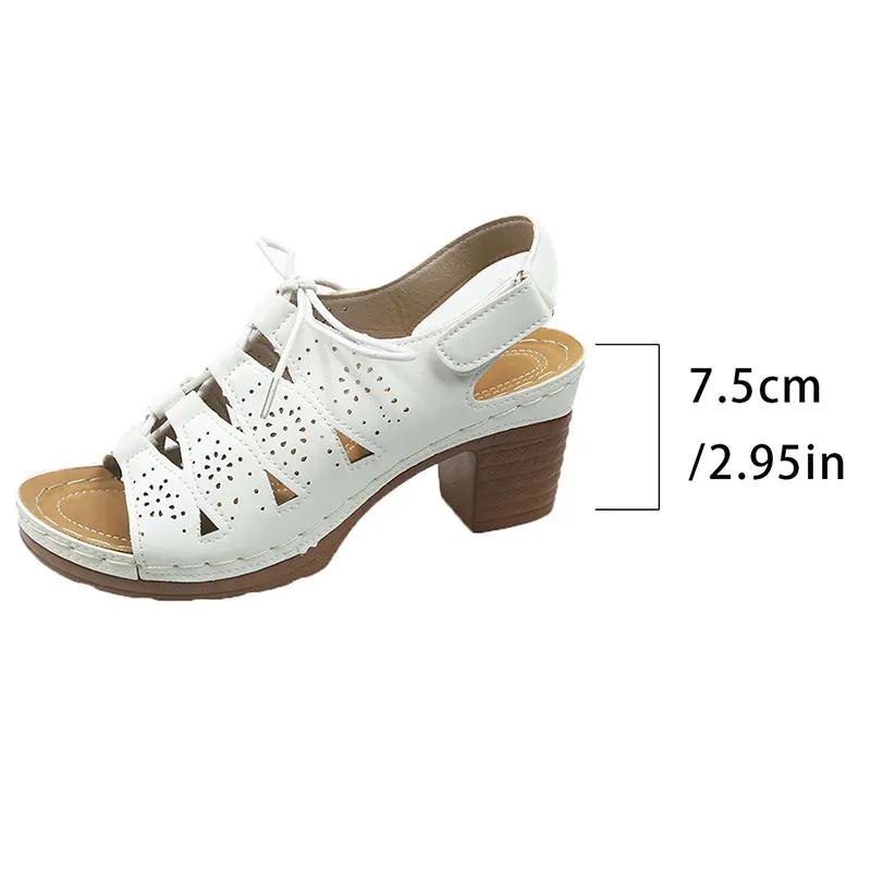 Retro Cross Tied High Heel Sandals Women Plus Size Thick Sole Non Slip Slippers Summer Hollow Comfort Chunky Platform Beach Shoe