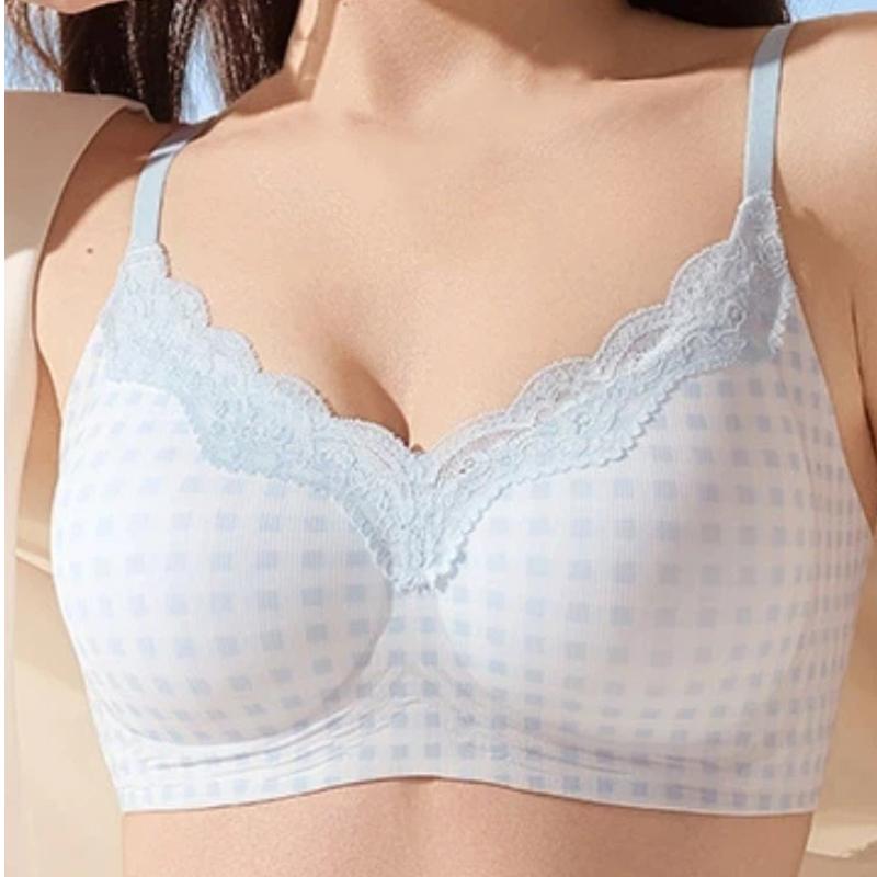 Light Blue Gingham Wireless Bra with Lace Trim Ultra Thin Cool and Antibacterial