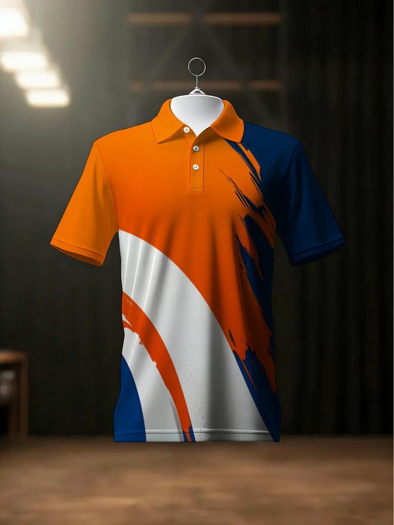 Men'S Golf Shirt Featuring Abstract Designs in Orange, Blue, And White. It Is Lightweight And Durable, Making It Ideal for Casual Home Use Or Dining