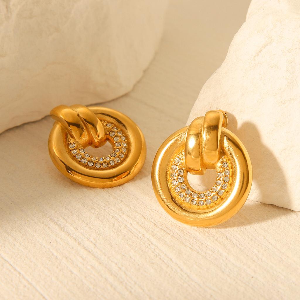 18k Gold Plated Earrings, Stylish Women's Ins Fashion Versatile Diamond-studded Earrings, Titanium Steel Round Jewelry