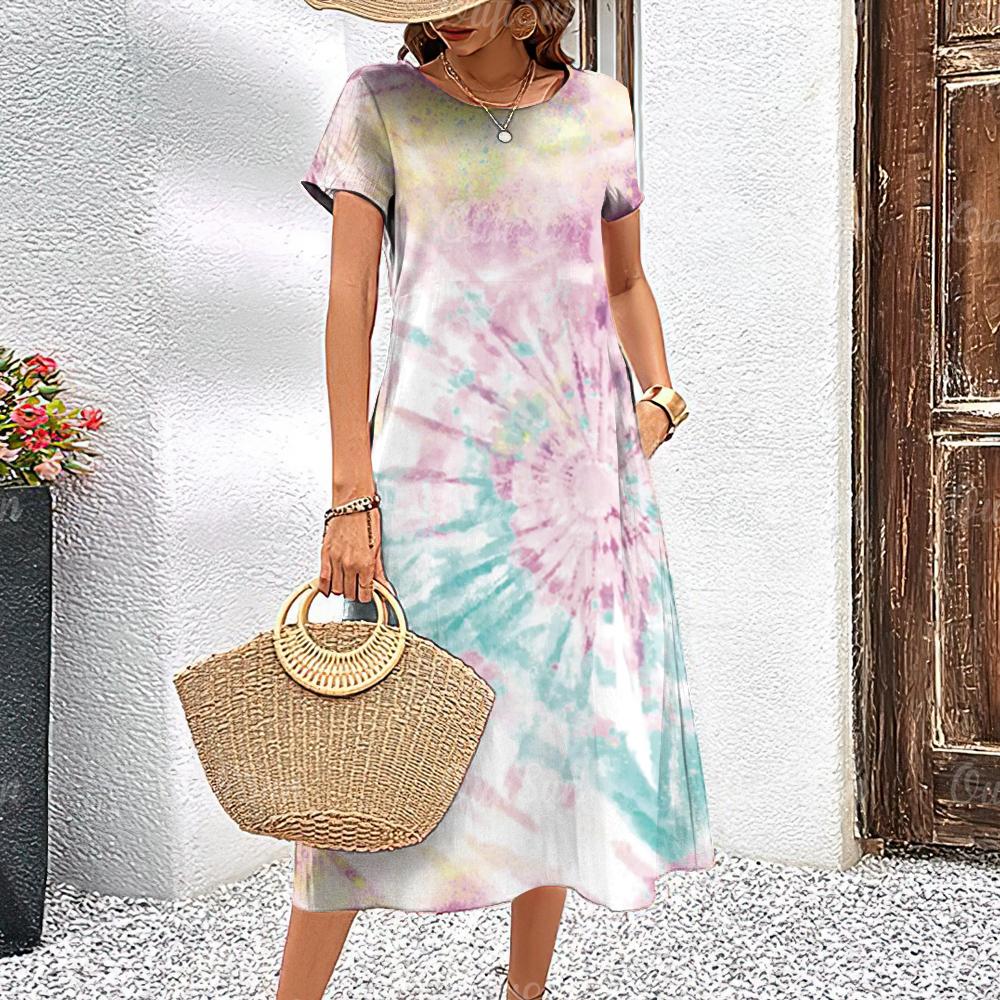 

Новые женские платья с принтом тай-дай, летнее элегантное платье, женские платья с коротким рукавом, модная одежда больших размеров L