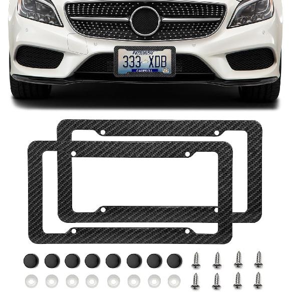 2PCS Carbon Fiber License Plate Frame, Waterproof Plastic Number License Plate Cover, Car Accessories Licence Plates Frame Holder with Fasteners and