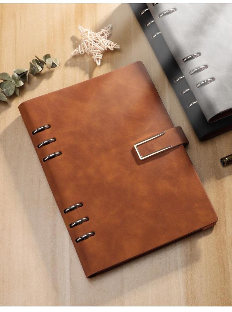 A5 Leather Business Notebook with Logo Printing, Thick Ring Binder & Buckle Closure - Perfect for Office Notes