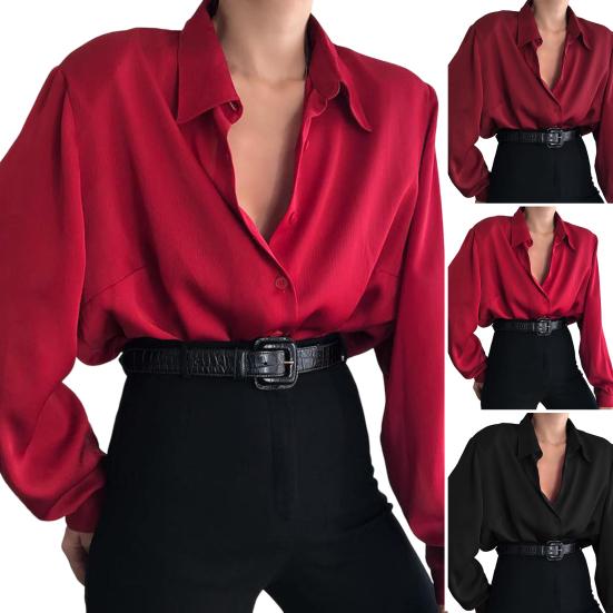 Camicia da Donna Primaverile Colore Unito Collo a Revers Monopetto