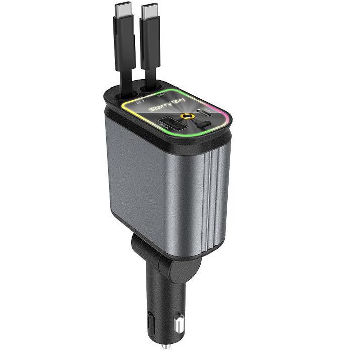 Nabíječka do auta 4 v 1 120W PD+USB Rychlonabíječka se 2 zatahovacími kabely Atmosférické světlo Hvězdné horní světlo Rychlonabíjecí adaptér pro telefony IOS Android