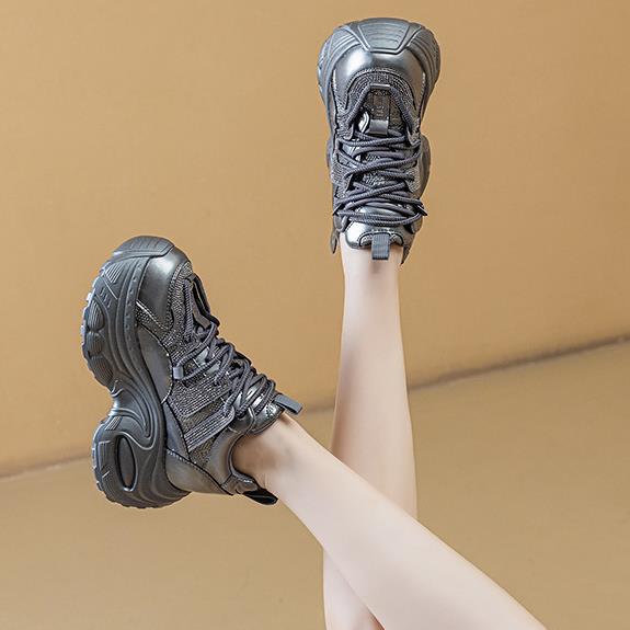 9cm Genuine Leather Rhinestone Bling Chunky Sneakers Spring Summer Autumn Breathable Platform Wedge Women Fashion Shoes