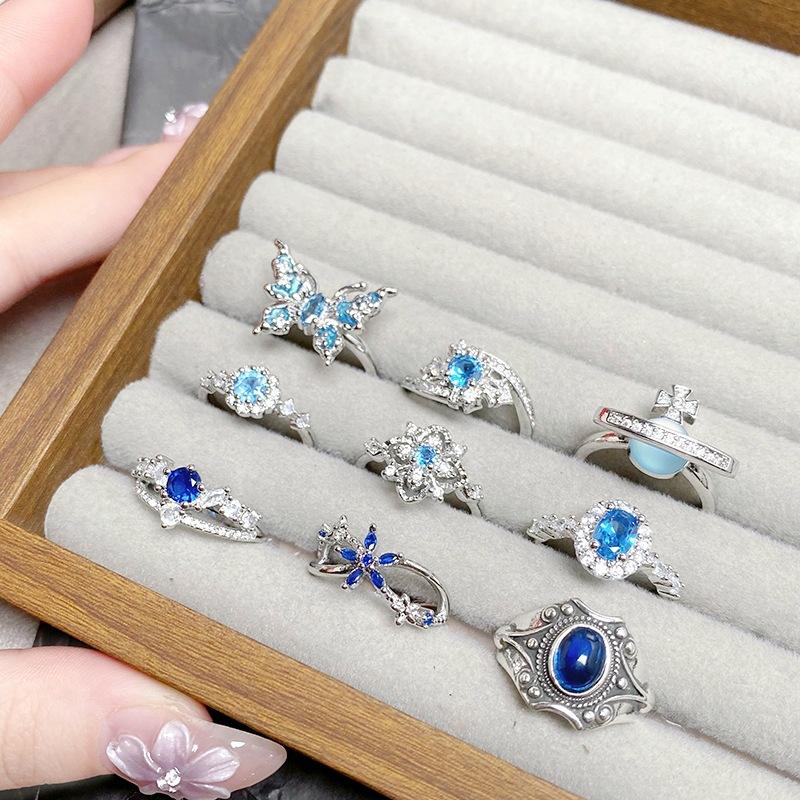 [Charm Blue Qi Ring] Sea Blue Zircon Light Luxury Niche Open Ring Personality Advanced Sense Color Treasure Index Finger Ring Female