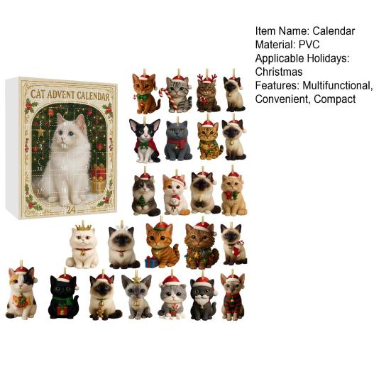 Christmas Cat Lover Advent Calendar PVC Ornament for Tree Decor 24-Day Countdown Box Gift for Kids Family