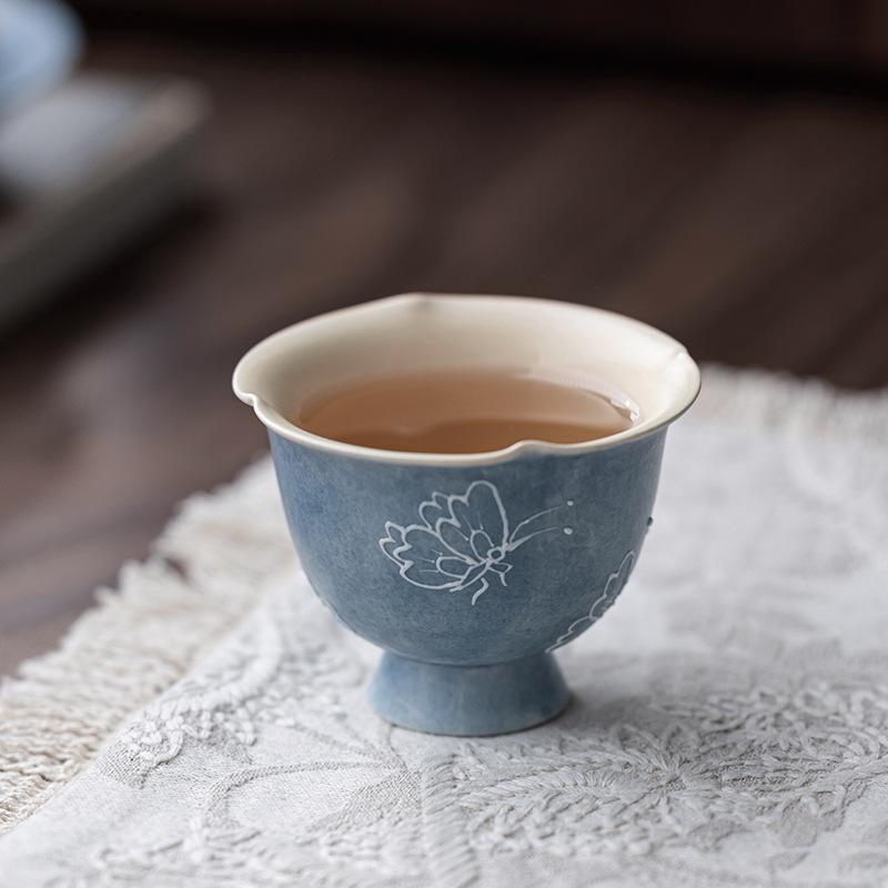 Hand Painted Ceramic Flower Tea Cup with 3D Butterfly High Foot Blue Porcelain Tea Set for Personal Use