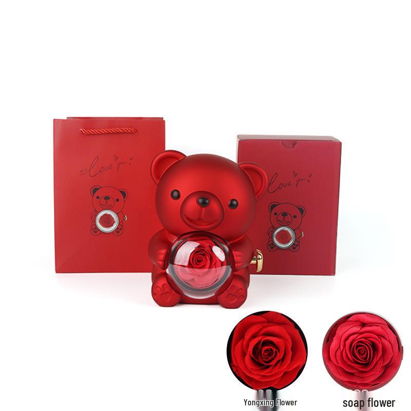 Scatola regalo di San Valentino: Orsacchiotto con Rose Stabilizzate e Scatola Portagioie ad Anello