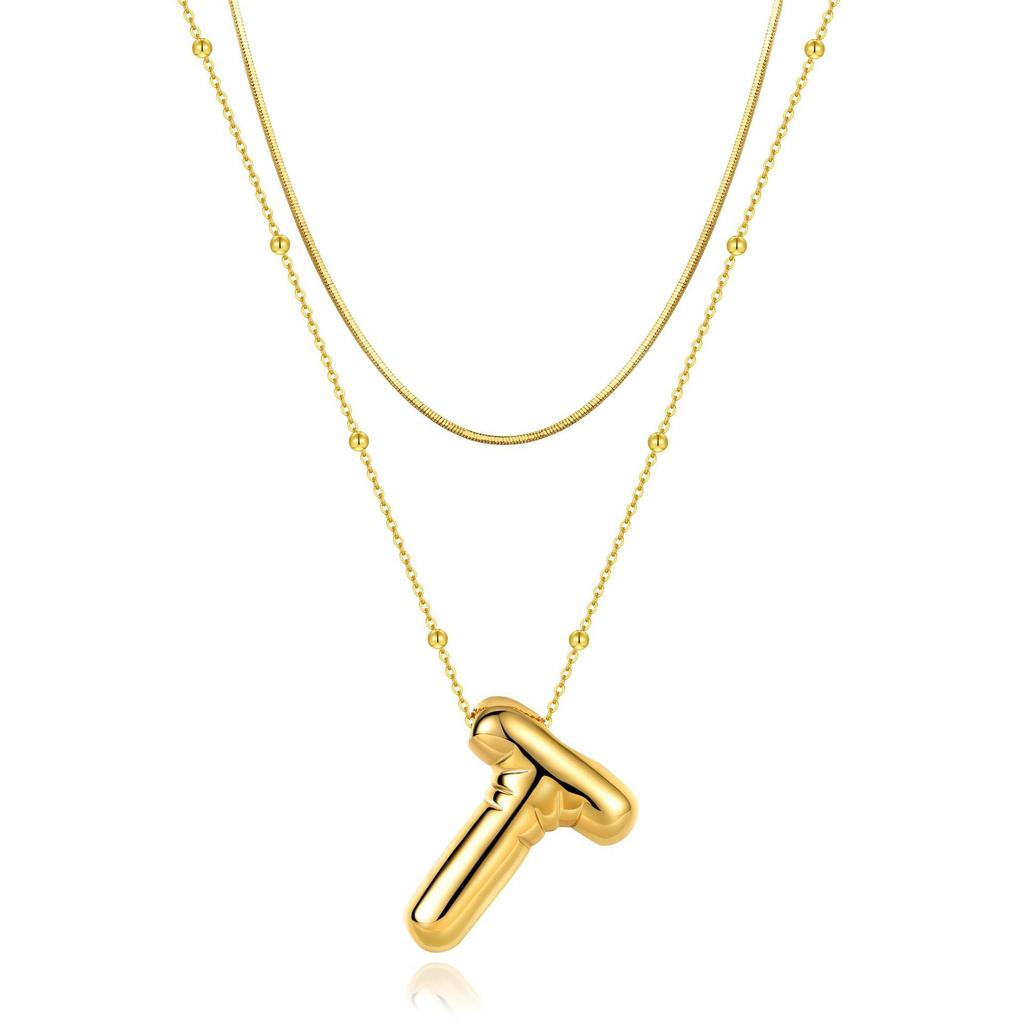 14K Double Round Snake Bone Chain Bead Chain Biscuit Balloon Letter Neck Chain Bubble Letter Foam Letter Necklace