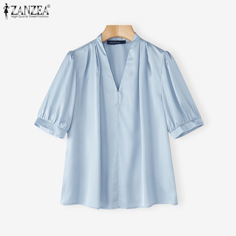 

ZANZEA Женская элегантная блузка с V-образным вырезом, коротким рукавом, повседневная, офисная L синий